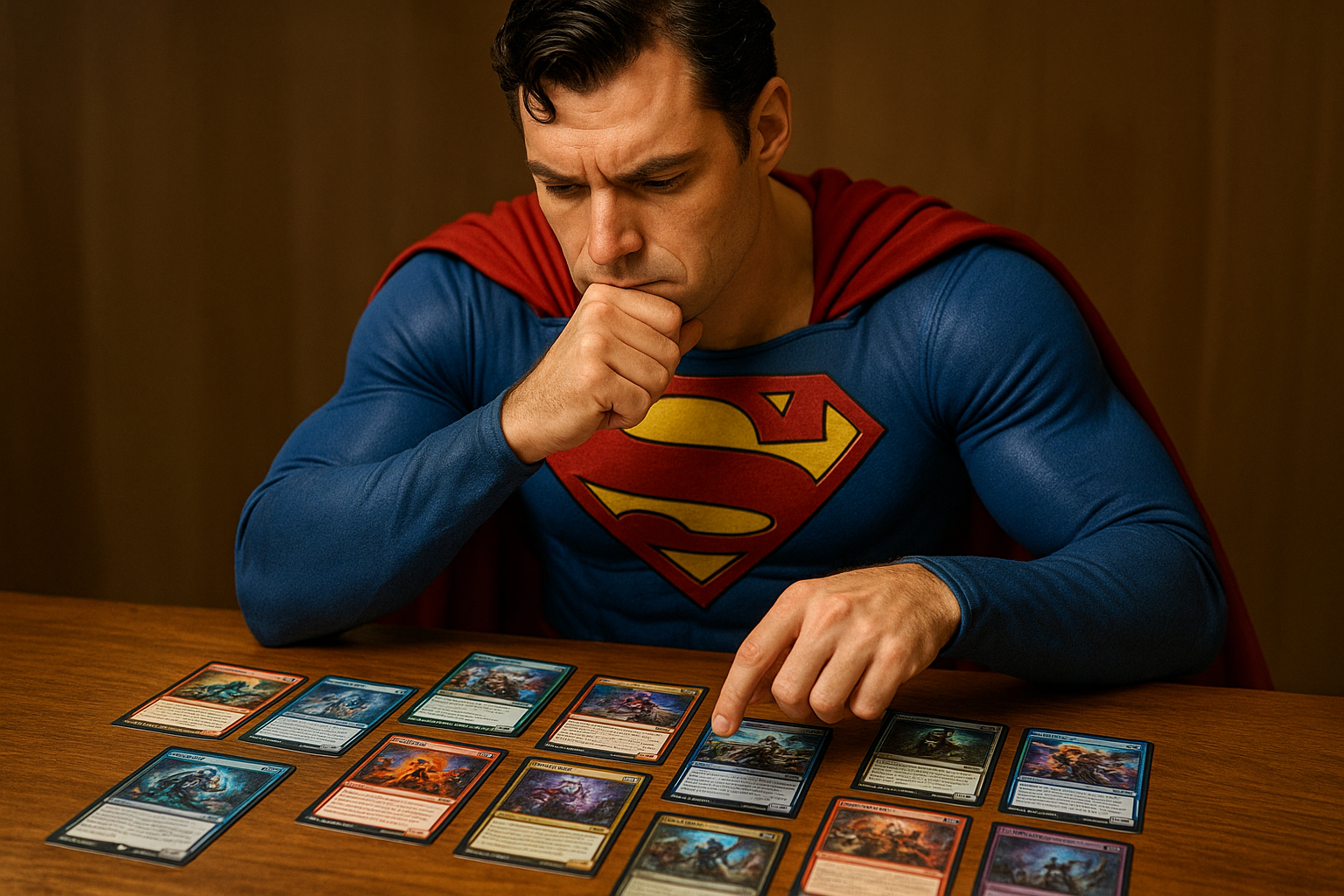 Un homme déguisé en superman, qui est en train de réfléchir à quelle carte il va prendre parmis plusieurs cartes étalées devant lui, comme s'il voulait construire son deck de jeu TCG.